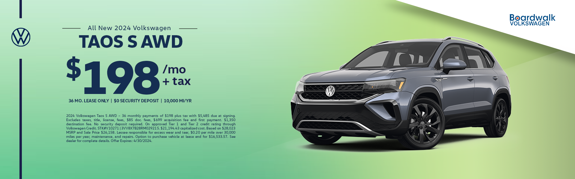 2024 Volkswagen Taos S AWD $198/month