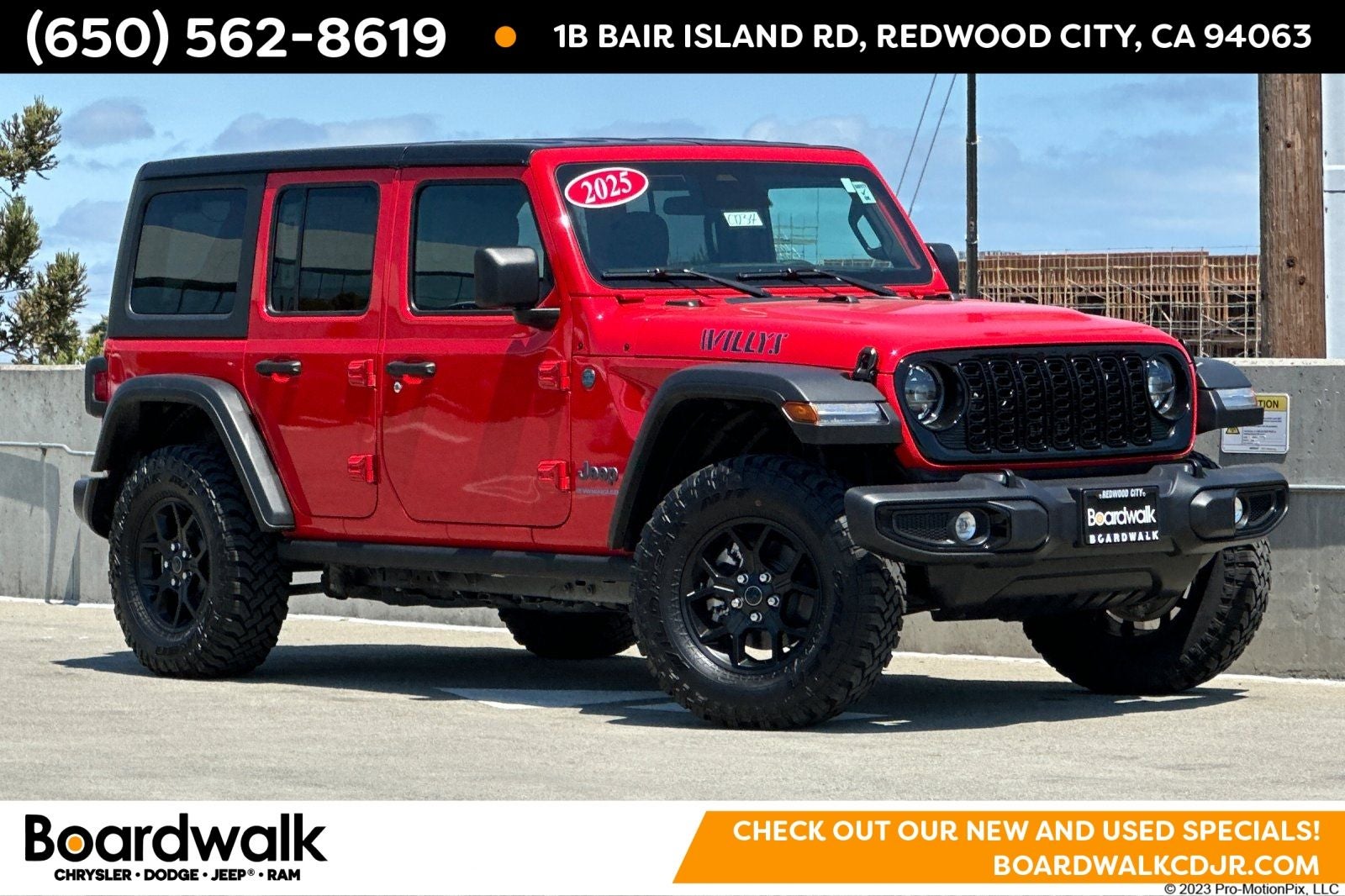 2025 Jeep Wrangler Willys 4xe in Firecracker Red Clearcoat — front three-quarter view