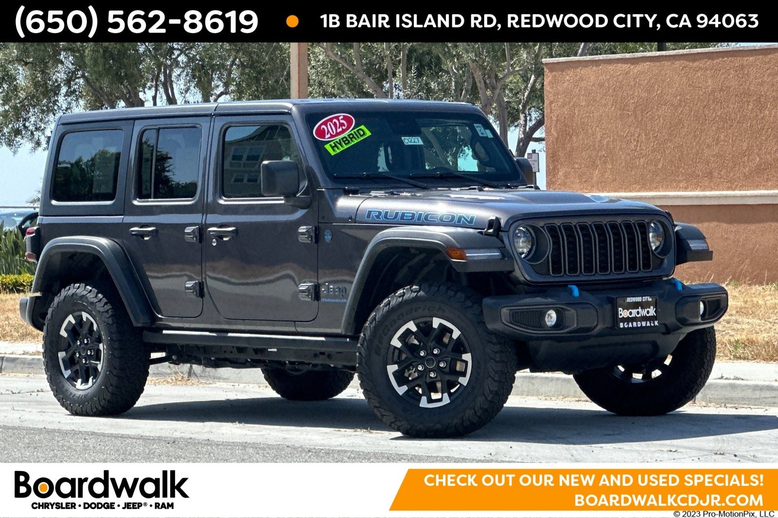 2025 Jeep Wrangler Rubicon 4xe in Granite Crystal Metallic Clearcoat — front three-quarter view