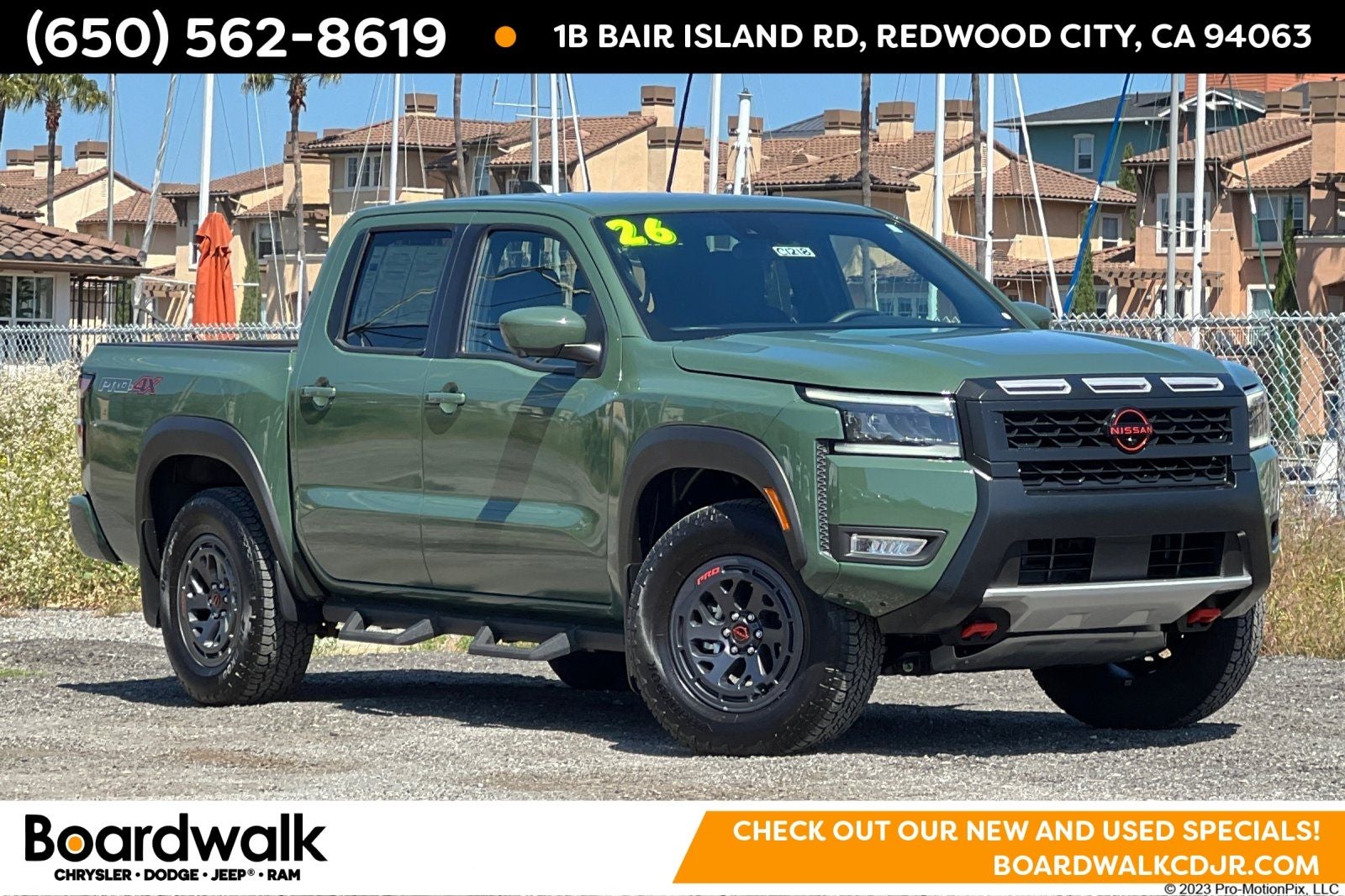 2026 Nissan Frontier PRO-4X in Tactical Green Metallic — front three-quarter view